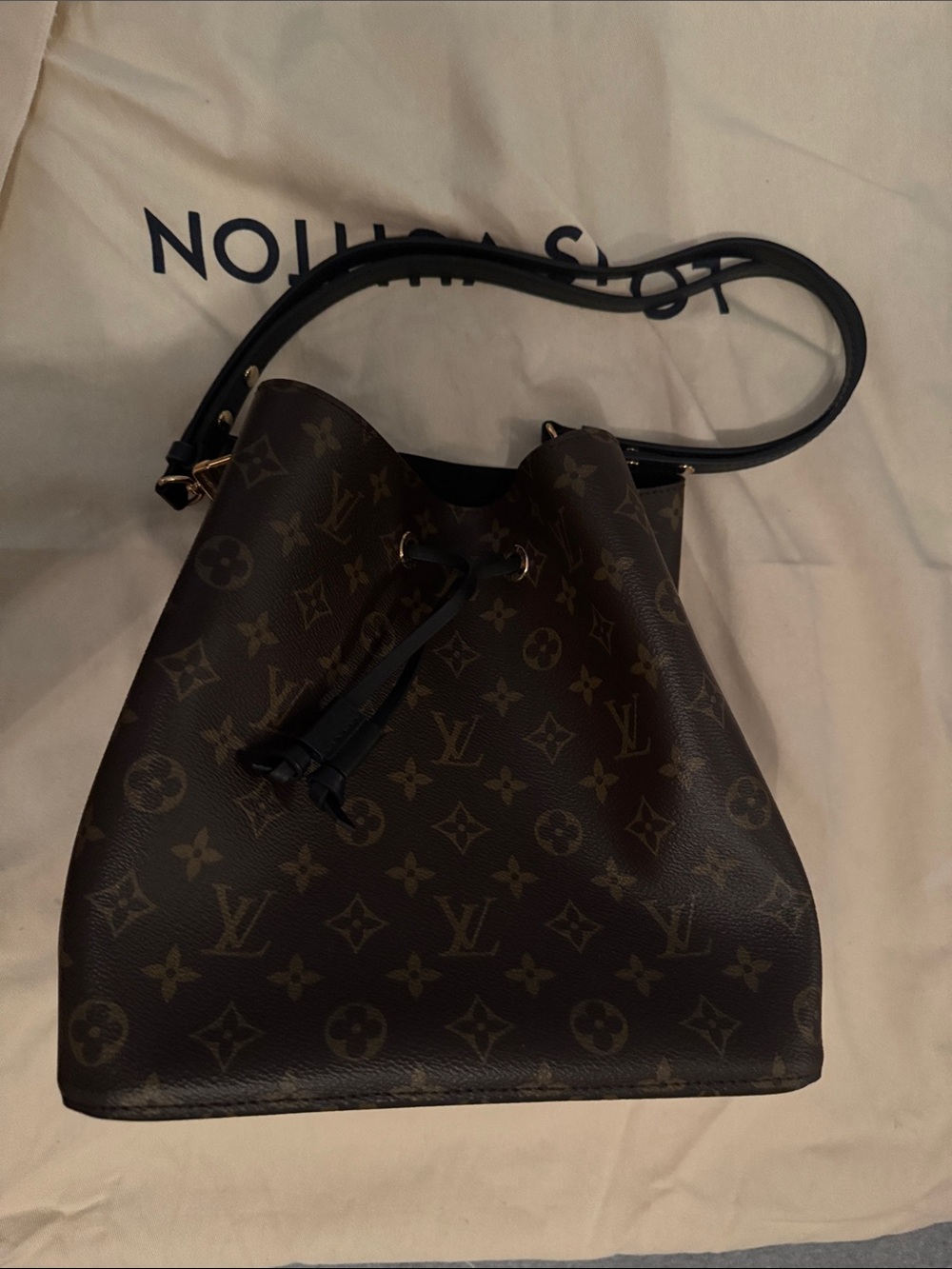 Louis Vuitton Monogram Canvas Drawstring Shoulder Bucket Bag in Brown and Black